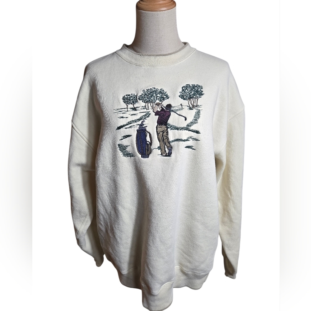 David Taylor Vintage  Cream Embroidered Patched Golf 90s Sweatshirt